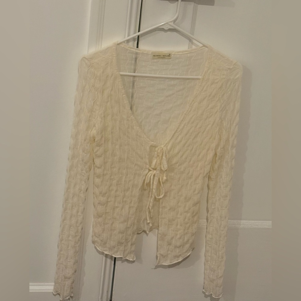 Cream Textured Tie-Front Top